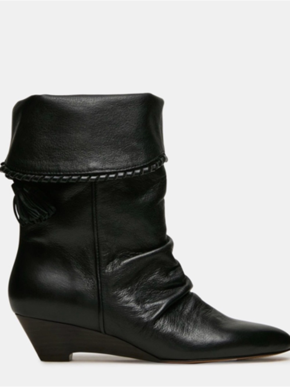Steve Madden Black Leather Slouch Ankle Boot with Braided Trim